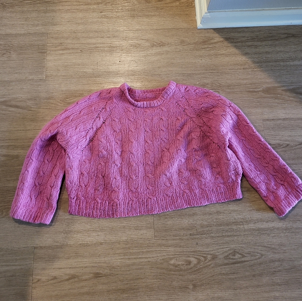 Handmade Cropped Wool Cable Knit Pink Sweater